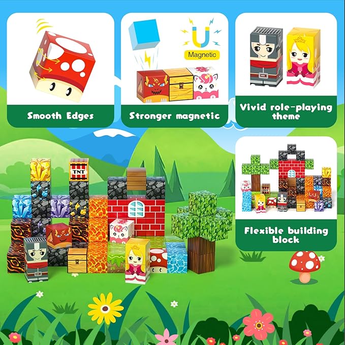 Axirata 60PCS Mini Magnetic Blocks Travel Set for Kids, Mini Magnetic Tiles Building Cubes with Portable Iron Box, STEM Learning Sensory Toy for Toddler Boys Girls Age 3-5 4-8 8-12+