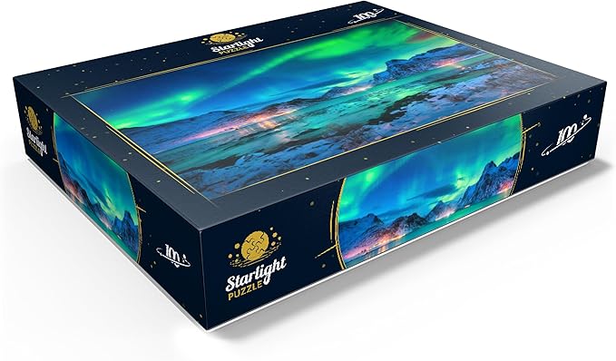 MyPuzzle Aurora Borealis Over Sea Coast, Lights At Night. Northern Lights On Lofoten Islands, Norway - Premium 100 Piece Jigsaw Puzzle for Adults
