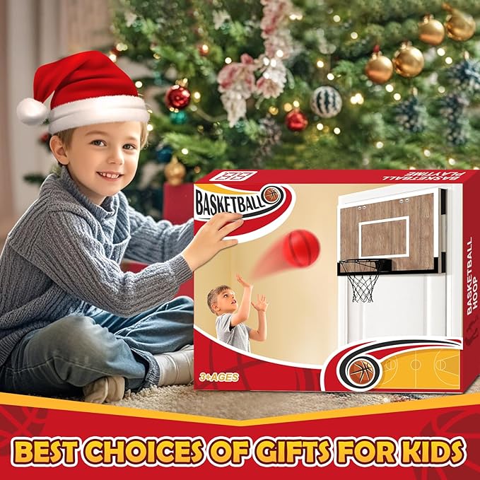 Indoor Basketball Hoop for Kids, Mini Basketball Hoops Over The Door and Wall Mount with Wooden Backboard, 3 Balls and Pump, Idea Toys Gifts for Kids and Adult