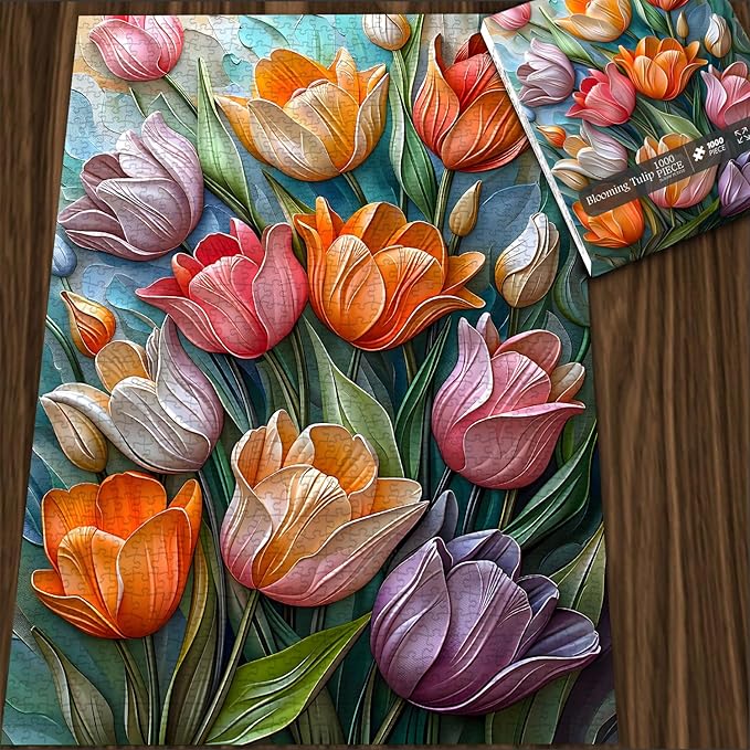 Tulips Flower Puzzles for Adults 1000 Pieces, Unique Floral Puzzle Art, Hard Plant Puzzle, Colorful Tulip Challenging Jigsaw Puzzles for Adults