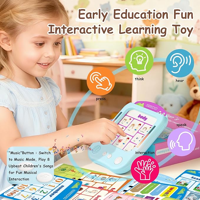Interactive Educational Learning Tablet Toy for Kids,Screen-Free Phonics Learning Toy with 30 Flash Cards for Alphabets, Numbers, Words, Animals, Learn to Read for Boys Girls 3-5 Years Old, Blue
