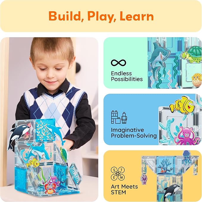 PicassoTiles Magnet Tile Building Blocks 8 Marine Animal Action Figures Compatible Magnetic Accessory Playset Tiles Kids Toys STEM Educational Learning Preschool Toddler Girls Boys Age 3+ PTA25