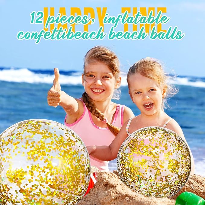 Lewtemi 12 Pcs Inflatable Glitter Beach Balls 16 Inch 24 Inch Shiny Giant Confetti Balls Swimming Pool Beach Blow up Balloon for Outdoor Summer Party Wedding Decor(Gold)