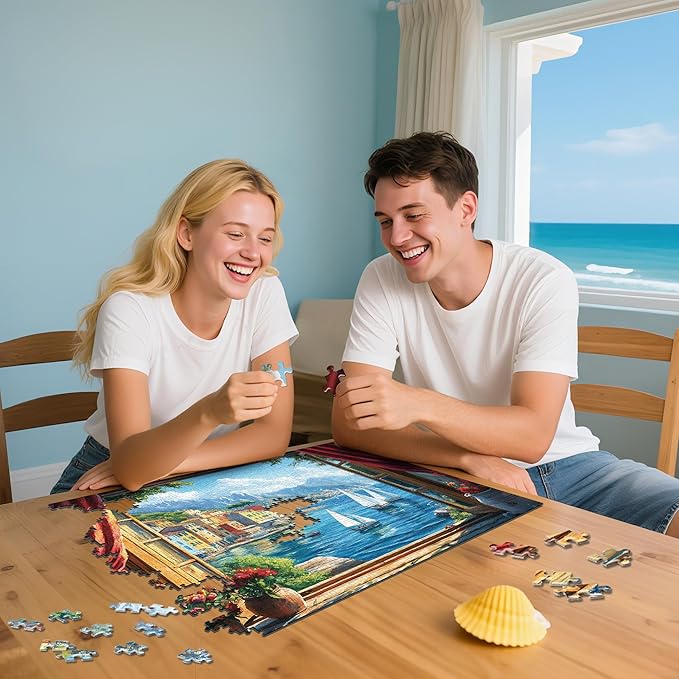 Puzzles for Adults 1000 Pieces, Italy Ocean Coast Seaside Village Window View, 1000 Piece Puzzle for Adults Seniors, Jigsaw Puzzles with Letters on Back,Fun Gifts Decor 1:1 Poster