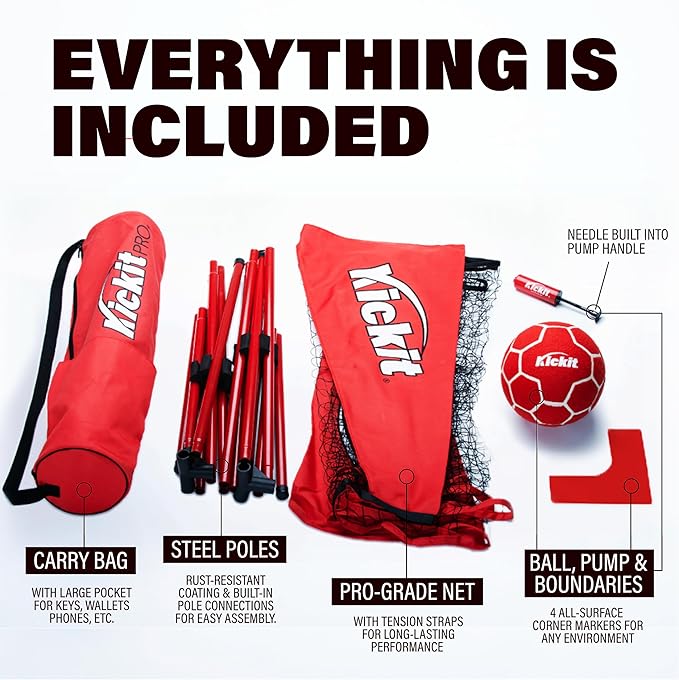 Kickit Soccer Tennis Game Set PRO, Portable 12' Wide x 3' High Net & Soft Lightweight Ball, Play Outdoors, Indoors, Backyard, Beach, Complete Skills Training & Travel Friendly