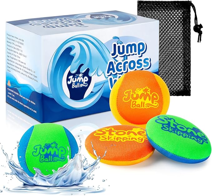 Water Stone Skipping Discs Set 4 Pack – Fun Pool Toys for Kids All Ages – Water Bouncing Skip Ball Toy for Boys & Girls – Best Games Gifts with Your Friends & Family at the Beach, Lake or Pool