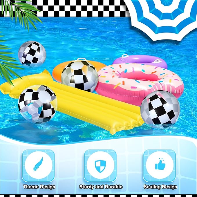 12 Pieces Inflatable Beach Ball Set - 8 inch Black and White Checkered Print Beach Balls for Theme Game Party Supplies Summer Pool Games Birthday Fun Party Favors