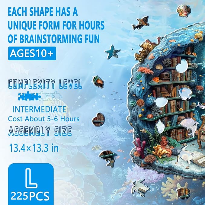 Wooden Puzzles for Adults, Undersea Book House Wooden Jigsaw Puzzle for Adults, Unique Shape Wood Puzzles Adult, Presents for Women and Men, Wall Art Home Decor(L-13.4 * 13.3in- 225 Pieces)