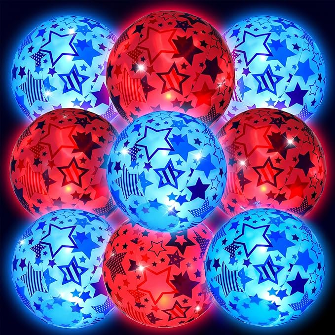 6 Pcs 4th of July Light up Beach Balls 12 Inch Patriotic Light up Beach Balls Bulk Giant Inflatable Red White and Blue Ball for Adults 250th Anniversary Beachy Summer Pool Outdoor Decor