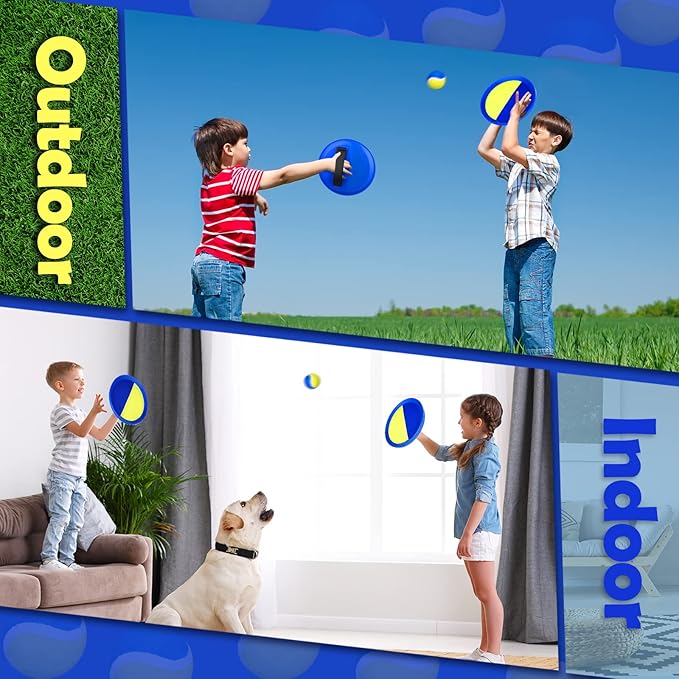 Charniol Kids Toys Toss and Catch Game Set Beach Game Outdoor Ball Sports Games Toss and Catch Ball Nylon Toys for Kids Adults(Blue Yellow,12 Paddles 6 Balls)