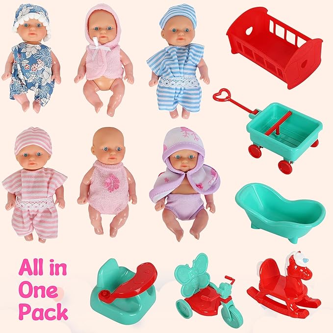 fash n kolor, 6 Mini Doll Set - 5" Inch Baby Girl Toy - Princess Toys Dolls - Baby Doll Crib, High Chair, Bathtub, Horse See Saw, Wagon and Bike Accessories - Dolls for 3+ Year Old Girls