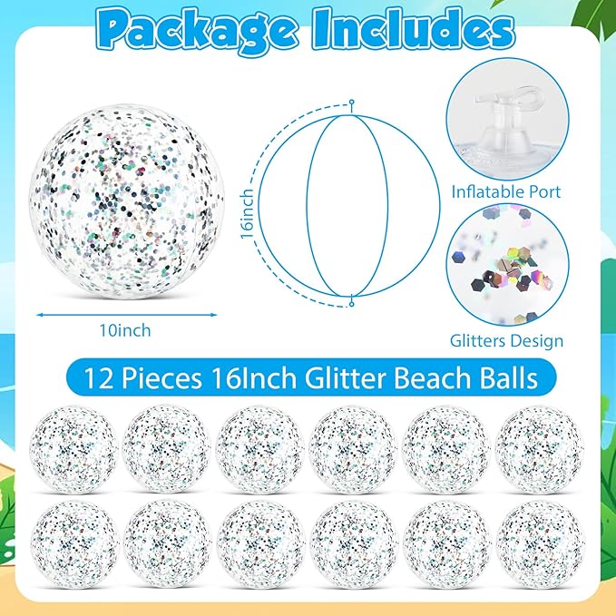 12 Pack Silver Glitter Beach Balls 16" Large Inflatable Sparkly Confetti Pool Balls Glitter Pool Toys PVC Jumbo Sport Ball for Birthday Hawaiian Wedding Christmas Happy New Year Party Favor