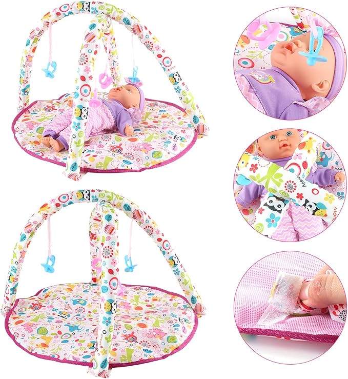deAO Kids Baby Doll Stroller Nursery Role Play Set with a Variety of Feeding Toy and Play Mat Travel Cot Baby Carrier Stroller and Travel Bag