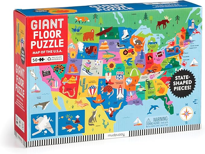 Mudpuppy Map of The U.S.A – 50 Piece Giant Floor Jigsaw Puzzle Featuring A Colorful Map of States with Capital Cities and Fun Cultural Icons