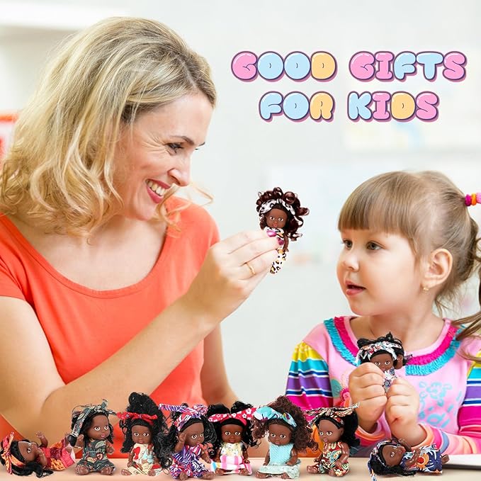 Hanaive 10 Pcs 4 Inch Mini Baby Dolls Lifelike Realistic Tiny Baby Dolls with Animal Clothes Cute Infant Figurine Gifts Set for Toddlers Girls Kids 3+ Easter Graduation Birthday(Dark Skin Style)