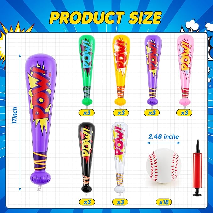Seematn 18 Sets Inflatable Baseball Bats and Baseballs Set Includes 17 Inch Pow Inflatable Baseball Bats and 2.5 Inch Mini Foam Baseballs for Sports Party Favor Carnival Birthday (Fresh Color)