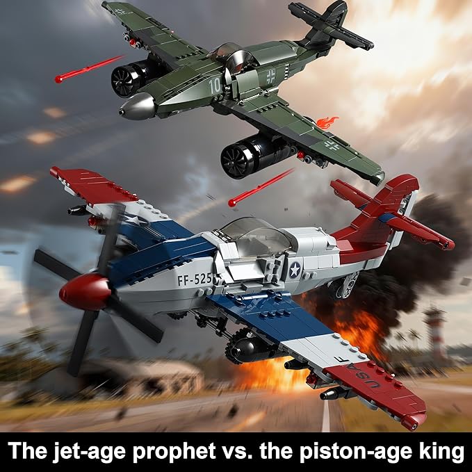 WW2 Military Airplane Toy Building Sets Compatible with Lego, Me 262 Fighter Jet & P-51D Plane Army Model Kits for Military Fans, Kids & Adult