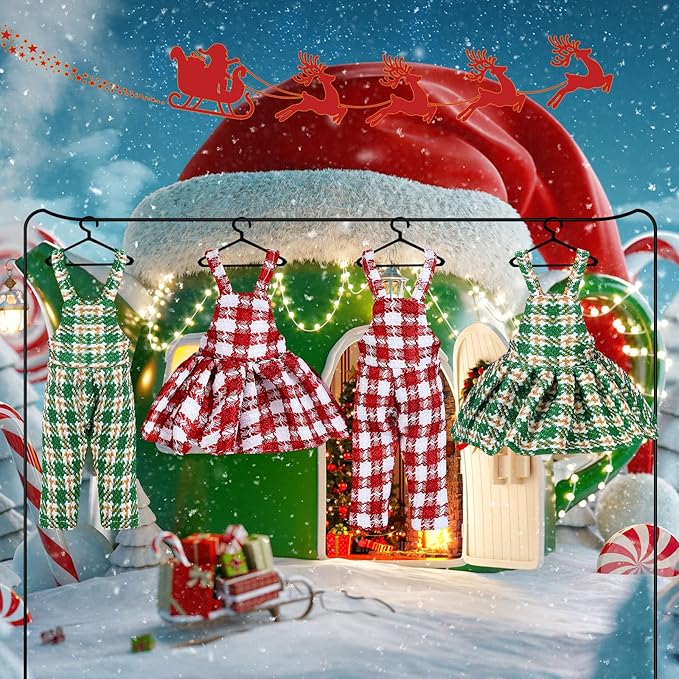 Hungdao 4 Pcs Christmas Doll Clothes Christmas Accessories Doll Clothing Red Green Plaid Dress Holiday Outfits for Boys Girls Xmas Party Supplies