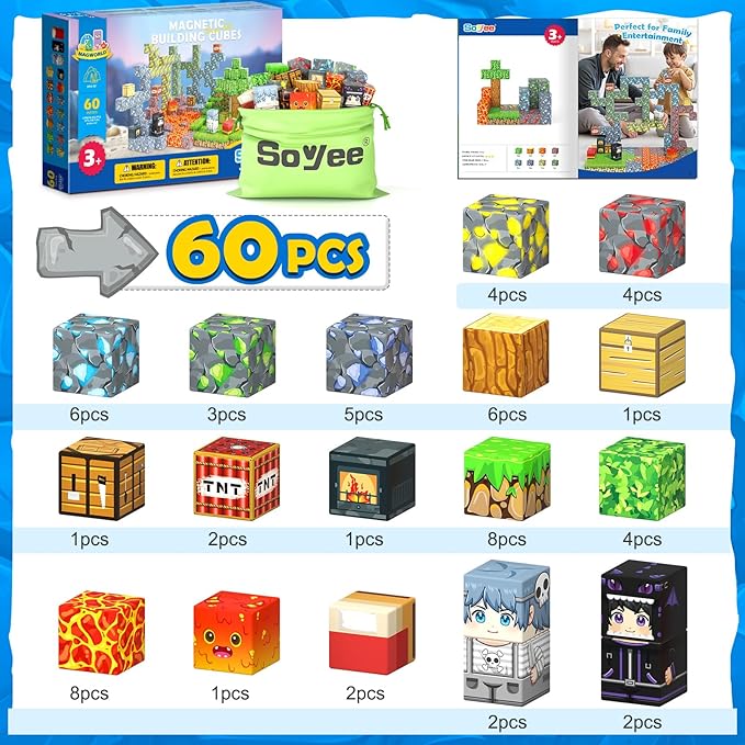 Soyee Magnetic Blocks - Build Mine Magnet World Forest Mine Set Magnet Building Blocks Kids Toys for 3+ Year Old Boys & Girls 1'' Magnetic Cubes STEM Sensory Building Toys Kids Game Xmas Gifts