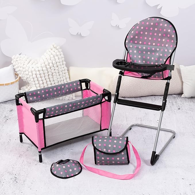 Bayer Doll High Chair/Crib Set, Grey, Pink with Dots