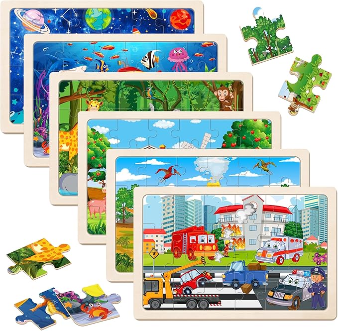 6 Packs Puzzles for Kids Ages 4-6,24Pcs Wooden Puzzles for Kids Ages 3-5,Dinosaur Animals Vehicle Space Farm Jigsaw Puzzles,Preschool Educational Toys Gifts for Children Ages 3+Year Olds Boys Girls