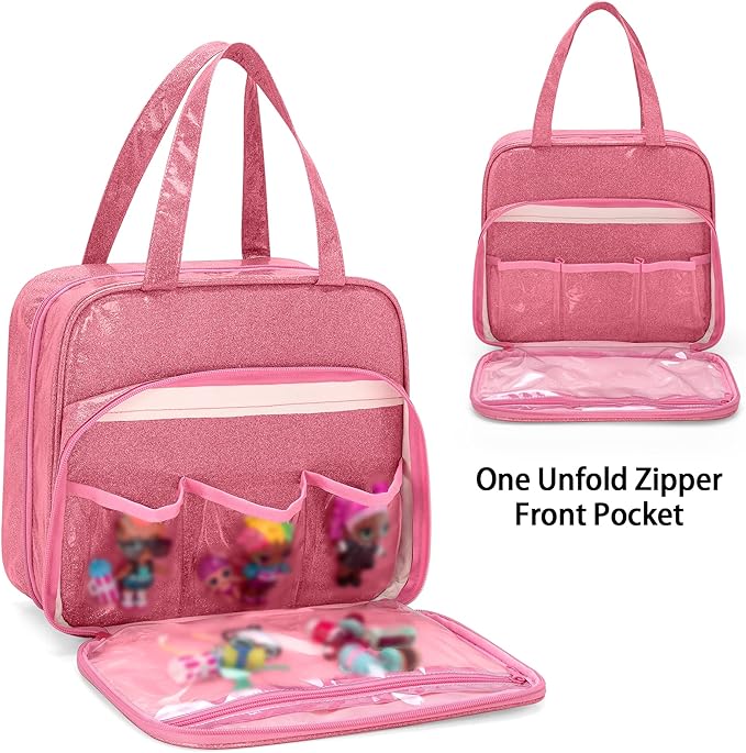 LoDrid Doll Tote Carrying Case Compatible with LOL Surprise Dolls All, Hanging Organizer Storage Bag with 6 Clear Window Pockets, Bag Only, Pink,(Patent Design)