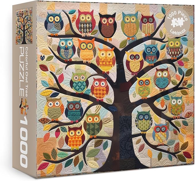 Colorful Owl Tree Quilt Puzzles for Adults 1000 Pieces, Funny Bird Art Jigsaw Puzzle, Difficult Cute Animal Puzzles