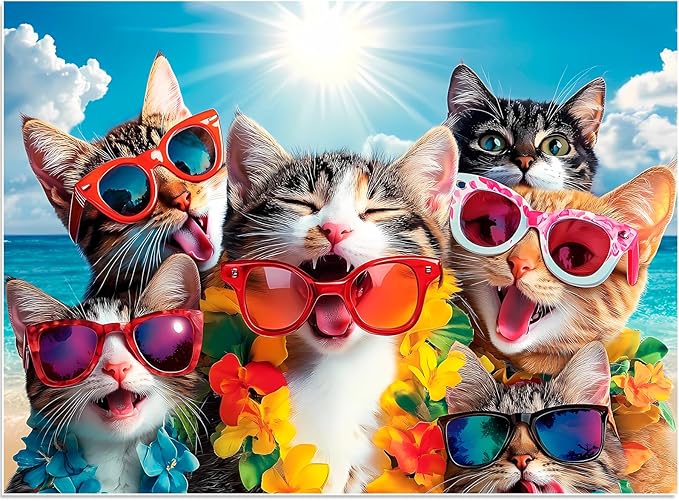 500 Pieces Puzzle for Adults, Summer Cat Beach Jigsaw Puzzle for Adults Teens, Recycled Cardboard Puzzles 500 Pieces for Seniors, Challenging Puzzles Game Gift for Family Fun, 20.5 x 15 in