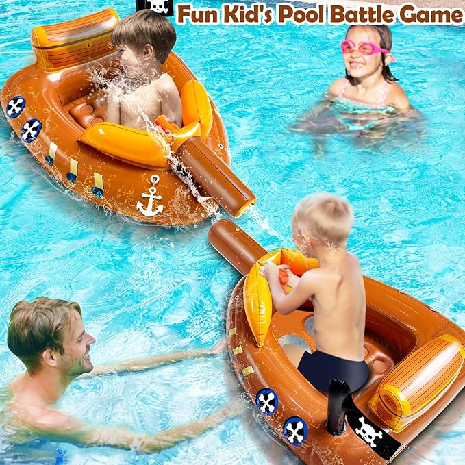 Inflatable Pirate Ship Pool Floats Kids 3-11 Years Toddler Pool Floaties with Water Cannon Gun Swimming Pool Toys Boys Girls Party Float Ride-on Floaty Rafts with Safety Seat Summer Outdoor Water Game