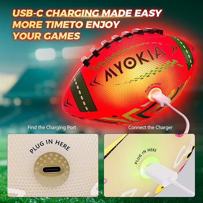 RGB Waterproof Rechargeable Light Up Football Birthday Gift, Glow in The Dark Football with Pump & USB Cable, Tri-Color (Red, Green, Blue), Size 6, Outdoor Night Games