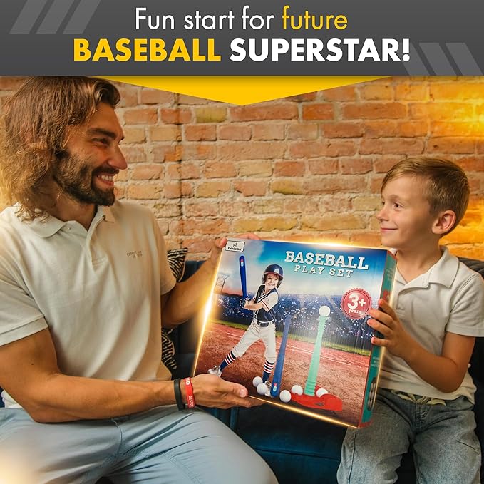 T Ball Stand for Kids and Toddlers 3-5, 5-8. Baseball Set Includes 6 Large Balls, an Adjustable Tball Batting Tee, and a Storage Net. Kids Bat & Teeball, T-Ball Sets for Kids