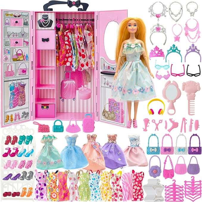 122 Pcs Doll Closet Playset with 11.5 Inch Dolls, Clothes and Accessories, Include Princess Dresses Shoes Bags Hangers Shoes Rack Doll Other Accessories, Dress Up Toys for Girls, Kids, Toddlers (Pink)