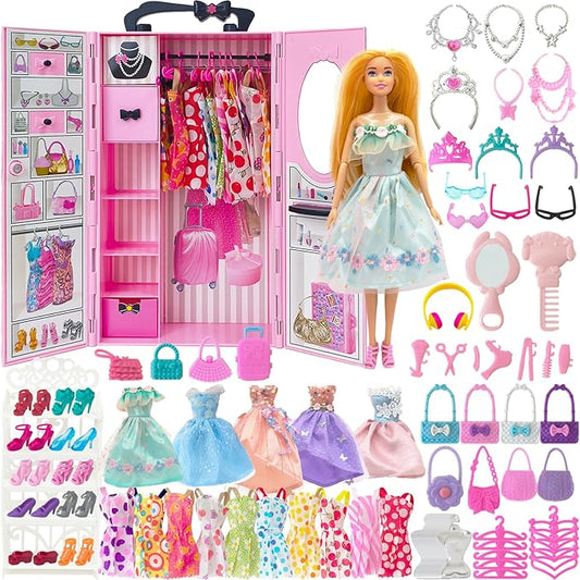 122 Pcs Doll Closet Playset with 11.5 Inch Dolls, Clothes and Accessories, Include Princess Dresses Shoes Bags Hangers Shoes Rack Doll Other Accessories, Dress Up Toys for Girls, Kids, Toddlers (Pink)