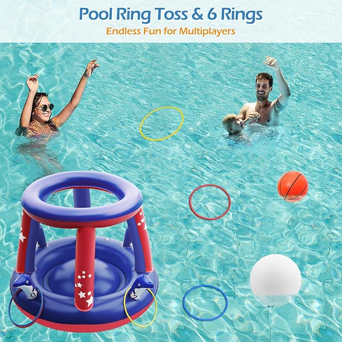 Jasonwell Pool Toys Games Set - 3 in 1 Pool Volleyball Net Basketball Hoop Ring Toss Game Inflatable Floats Water Floating Volleyball Swimming Pools Games Party Gift for Kids Adults (Red&Blue, XL)