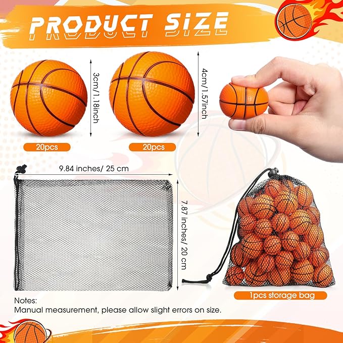 Civaner 40 Pcs Mini Basketball Tiny Rubber Basketballs Small Foam Ball with Drawstring Mesh Bag Crafts Gifts for Kids Adults Party Favors Beach Pool Sports Game(1.18 Inch, 1.57 Inch)