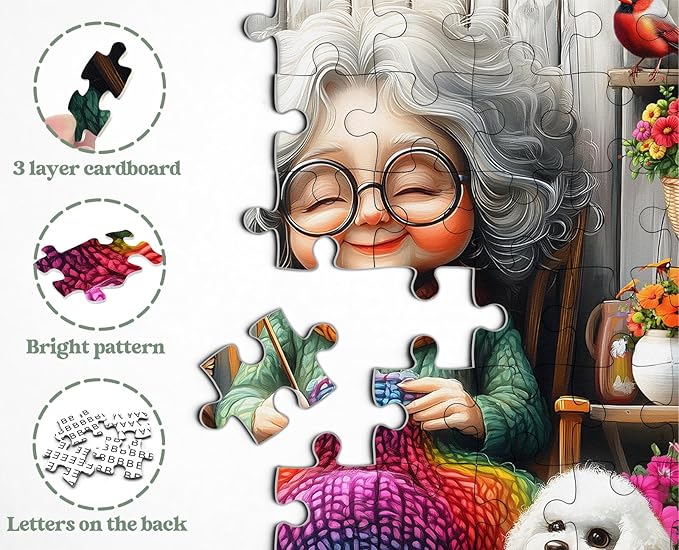 Old Woman Puzzles for Adults 1000 Piece, Larkipuzz Challenging Grandma’s Cozy Knit Puzzle Dog Cardinal, Hard Impossible Floral Plant Art Theme as Wall Decor