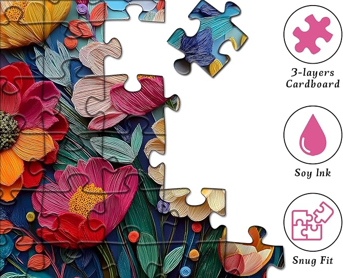 Colorful Flower Puzzles for Adults, Quilled Plant Floral Puzzle Fabric Art,Spring Flower Garden Jigsaw Puzzles 1000 Pieces Nature Challenge