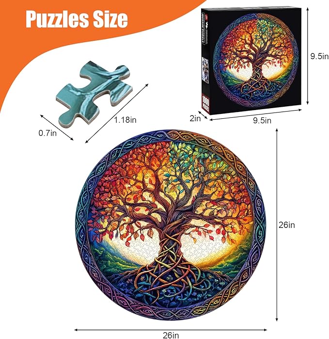 Tree of Life Puzzles for Adults 1000 Pieces - Stained Glass Jigsaw Puzzle with 3D Visual Effect, Challenging Colorful Mosaic Puzzle with Letters on Back, Challenging Hard Difficult Round Puzzles Games