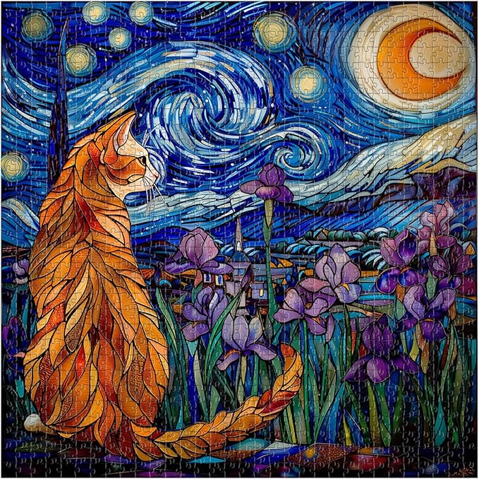 PICKFORU Stained Glass Puzzles: 1000 Pieces, Adults' Cat Lovers' Jigsaw Puzzle - Purple Iris Flowers, Starry Night, Moonlit Cat Flower