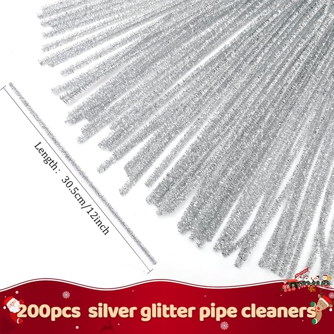 Praisebank Silver Glitter Pipe Cleaners for Crafts, 200pcs, Chenille Stems for DIY Projecets, Arts & Crafts Supplies for Festival Party Decorations