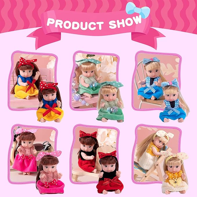 dollbie 6 Pack 4 Inch Mini Fashion Doll Collection - 6 Unique Stylable Hair Dolls with Rotatable Limbs & Cute Outfits | Collectible Toy Gift for Kids