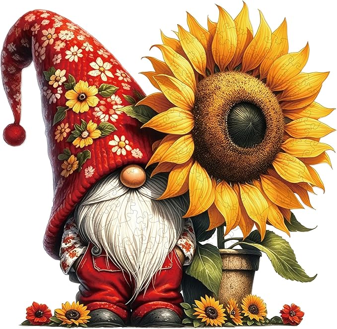 Wooden Puzzles for Adults, Sunflower Gnome 200 Pieces Wooden Jigsaw Puzzles with Unique Shape, 10.3x10.6 Inch Wooden Puzzles Kits for Great Gift Family Game