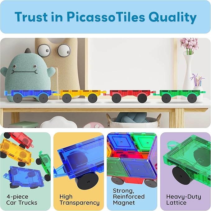 PicassoTiles 4PC Magnetic Tiles Car Truck Base Construction Building Accessory Toy Yellow, Red, Green & Blue Compatible with Magnet Tile Sets Educational STEM Learning Build Kits Boys & Girls PT201