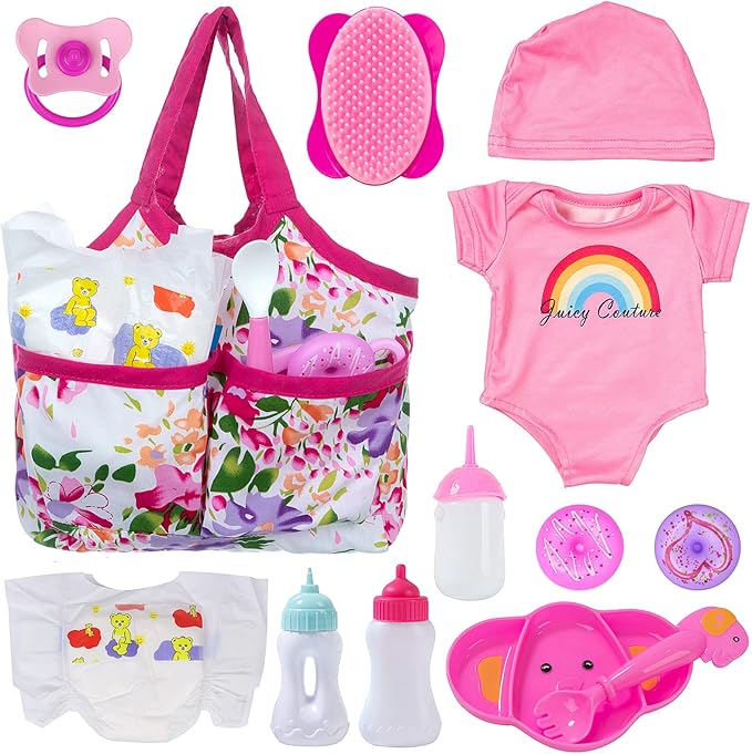 Ecore Fun 13 Piece Baby Doll Accessories Feeding and Caring Set Includes Diaper Bag Clothes Diapers Baby Bottles Dinner Plate Pacifier Comb Babies Pretend Play Set for Toddlers Kids