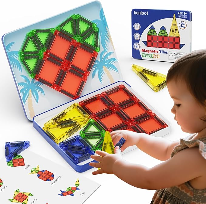 Magnetic Tiles Mini Building Blocks STEM Toys for 3-8 Year Olds, 26PCS Travel-Friendly Set with Storage Iron Box, Educational Construction Playset for Toddlers, Birthday Gift for Boys & Girls