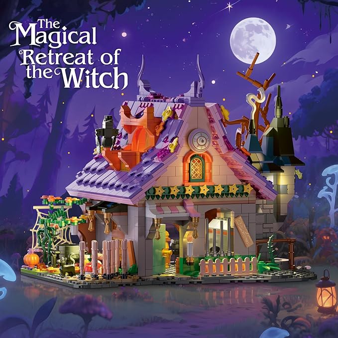 Magic House Set for Witches and Witches Building Set with Lights, Over 1200 Halloween Haunted House Building Blocks for Kids and Adults 14 Halloween and Christmas (The Magical Retreat of The Witch)