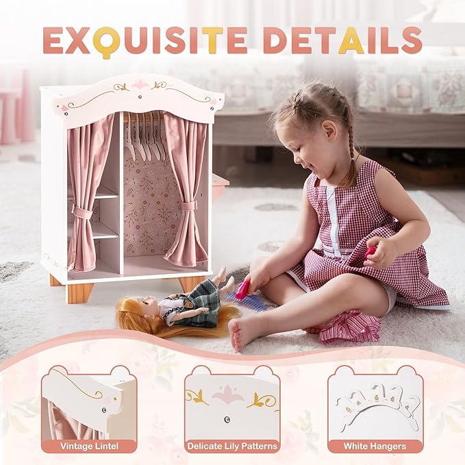ROBUD Wooden Play Armoire Closet for Dolls, Doll Closet Furniture Wardrobe with 5 Hangers, Mirror, Velvet Curtains, Fits 16–20 Inch Dolls & Doll Clothes, Gift for Boys & Girls Ages 3+