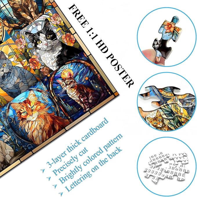 Stained Glass Puzzle Cat Puzzles for Adults 1000 Pieces, Colorful Kitty Kitten Collage Puzzles 1000 Pieces, Hard Difficult Impossible Challenging Jigsaw Puzzles for Adults