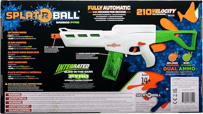 SplatRBall SRB800 Pyro Glow-in-The-Dark Water Gel Ball Blaster Kit - Full Auto, 210 FPS, 800-Round Magazine, 20,500 Total Rounds - Orange/White