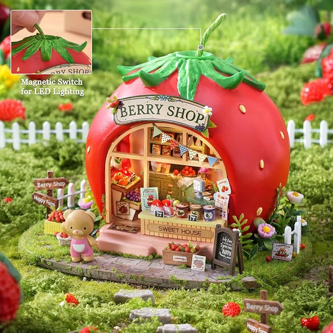 TuKIIE DIY Miniature House Kit with Furniture, 1:100 Scale Creative Room Mini Wooden Dollhouse Book Nook for Kids Teens Adults(Berry Shop)